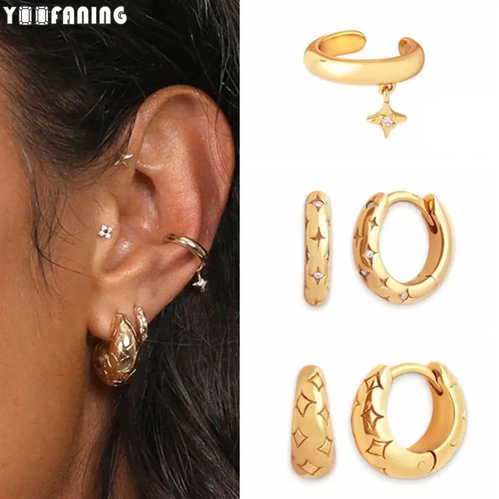 925 Sterling Silver Ear Needle Fashion Light Luxury Gold Silver Hoop Earrings White Zircon Star Earrings for Women Jewelry Gift