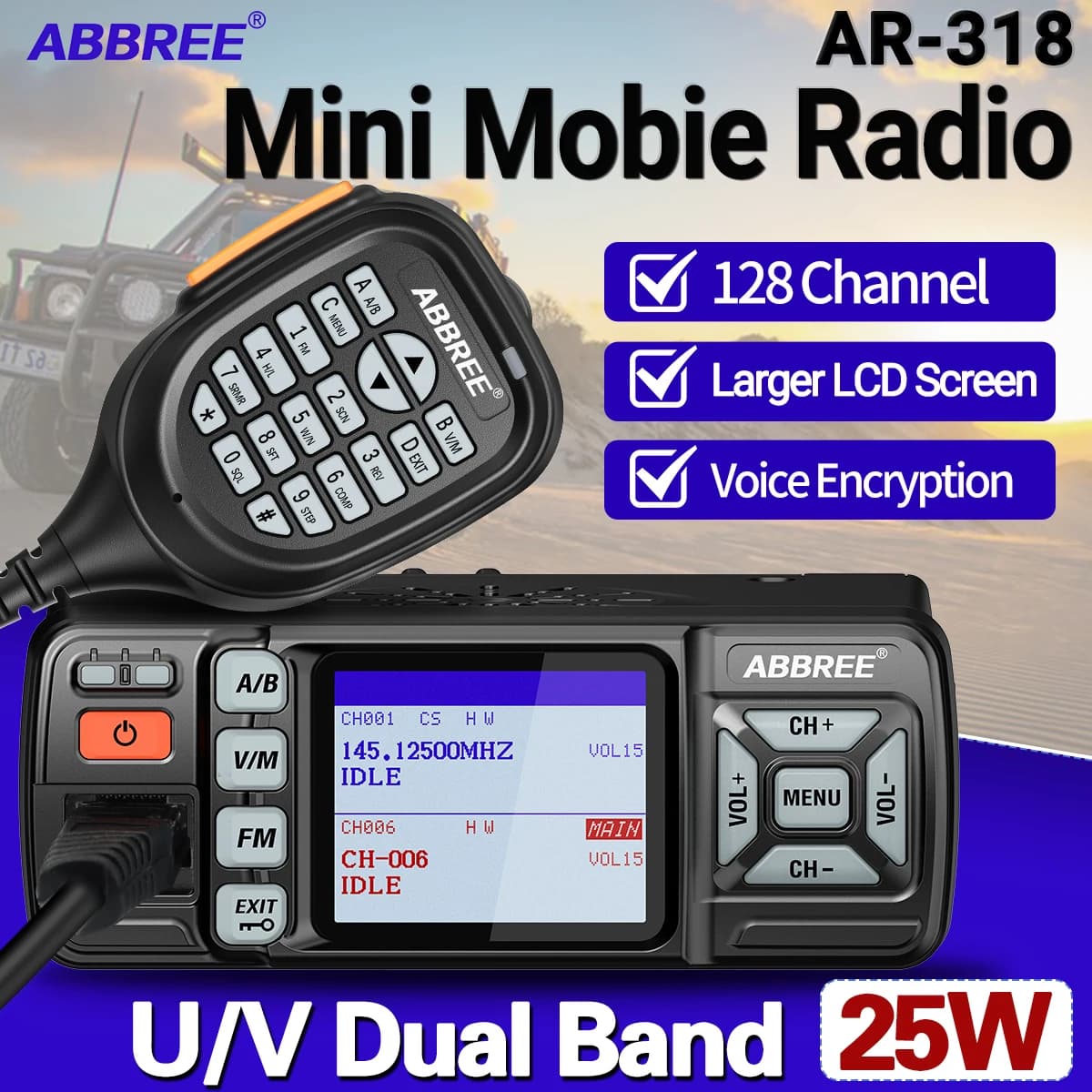 ABBREE AR-318 Mini Radio Mobile 25W Dual Band UHF VHF A Lungo Raggio Dual Mode Orologio Crittografia Vocale Ricetrasmettitore per Auto Walkie Talkie