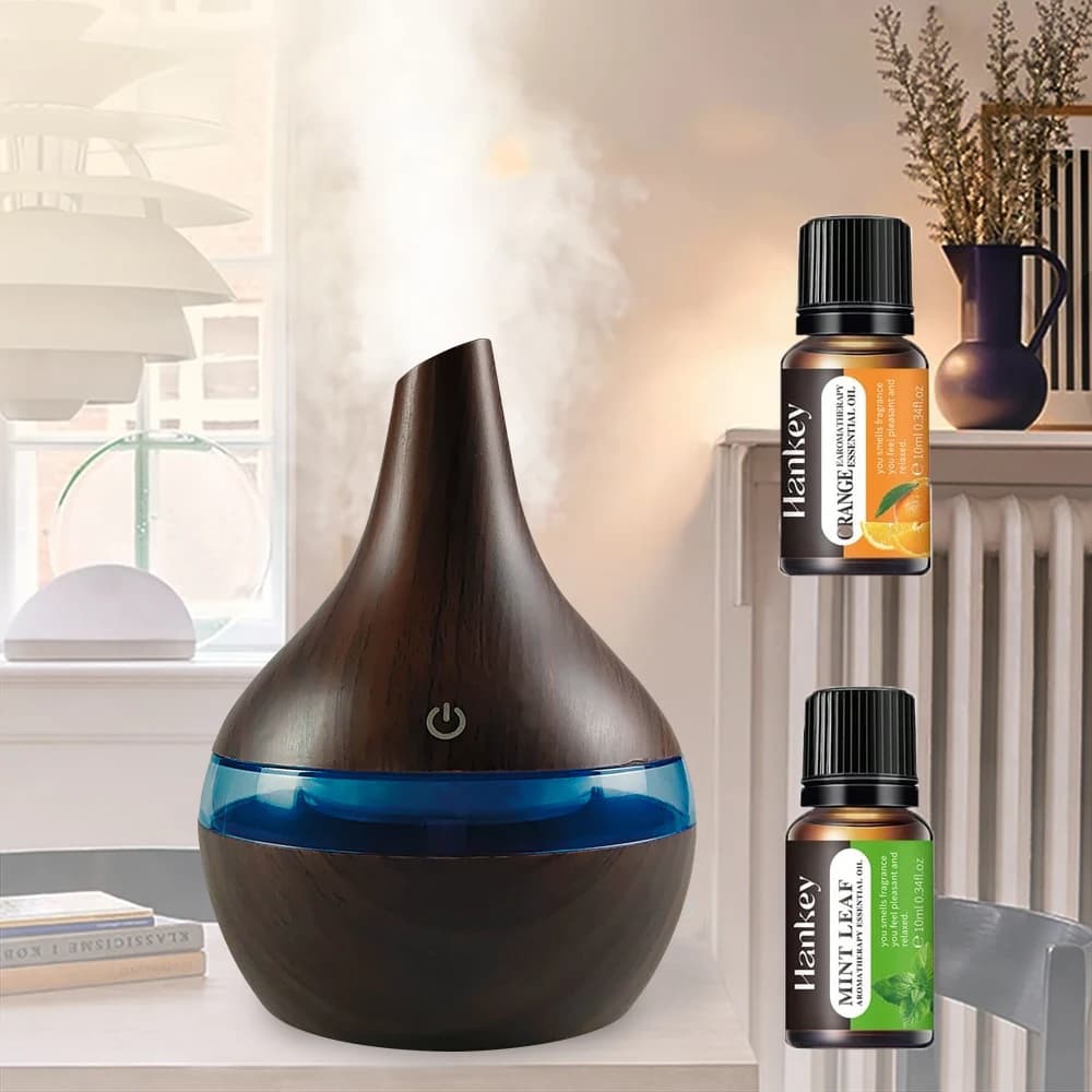 Umidificatore e diffusore di aromi con venature del legno da 300 ml, diffusore di oli essenziali per macchina per aromaterapia, purificatore d'aria da tavolo USB con