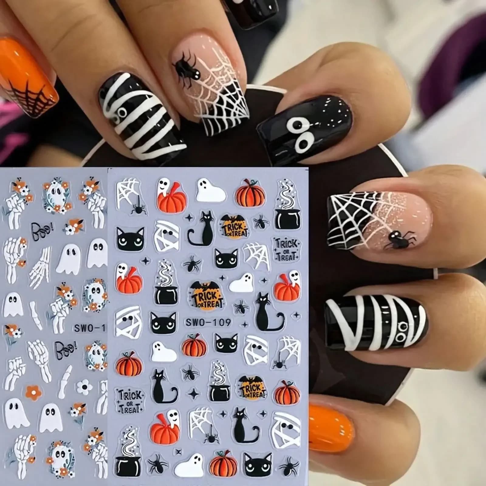 Adesivi 3D per nail art di Halloween - Decorazioni autoadesive per unghie con fantasmi, zucche, gatti neri, teschi, reti di ragni e altro ancora