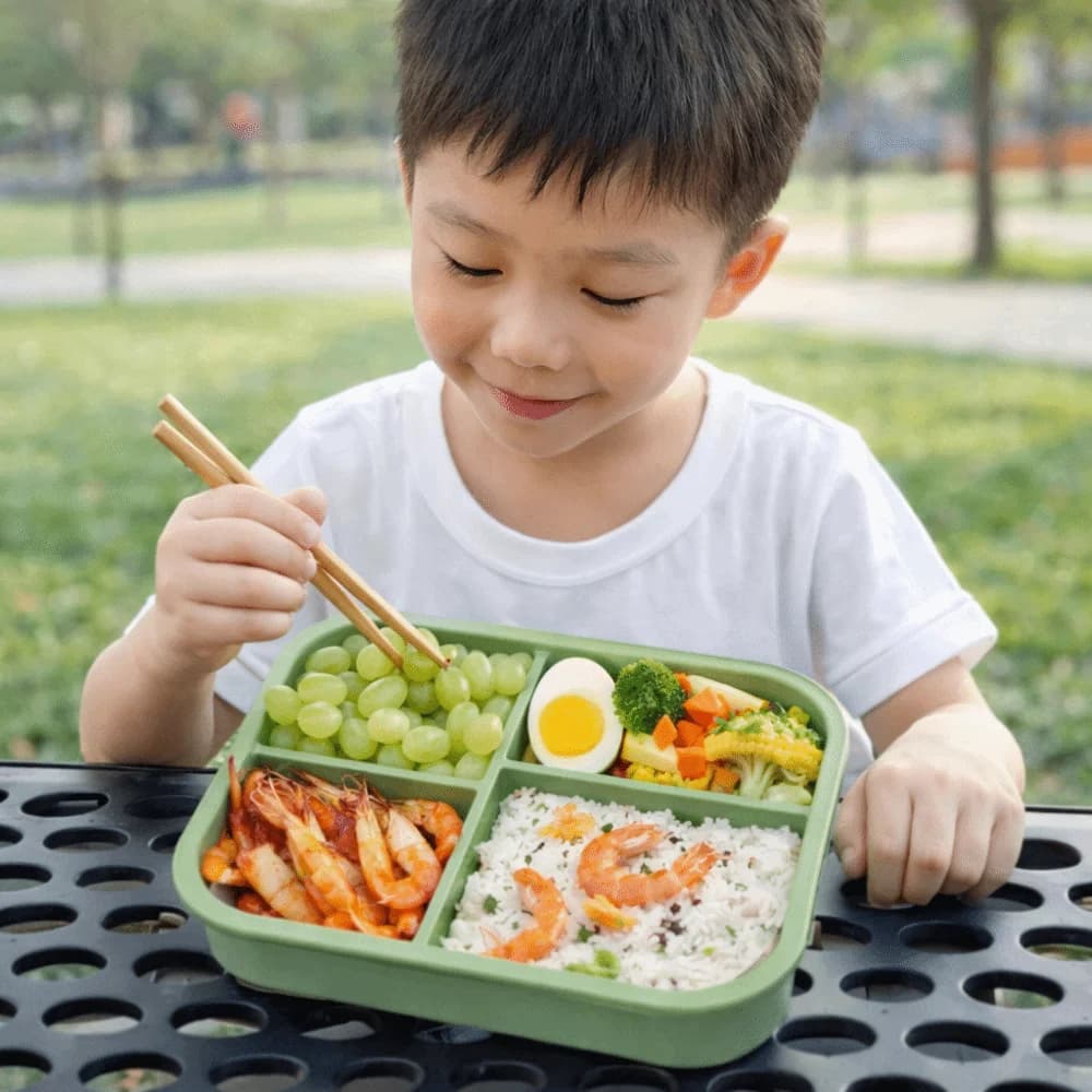 Contenitore per Pranzo in Silicone di Grado Alimentare con 4 Scomparti, Resistente alle Alte Temperature e Antiperdita