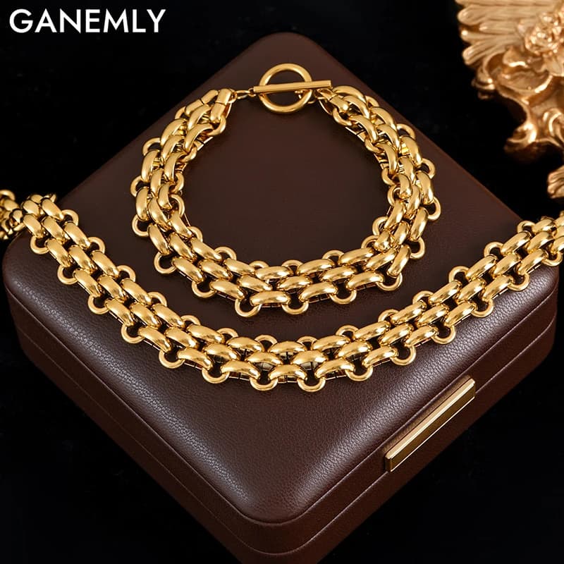 GANEMLY Set di bracciali con collana a catena cubana in acciaio inossidabile 316L per donna Uomo Nuovo set di gioielli impermeabili placcati oro punk 18 carati