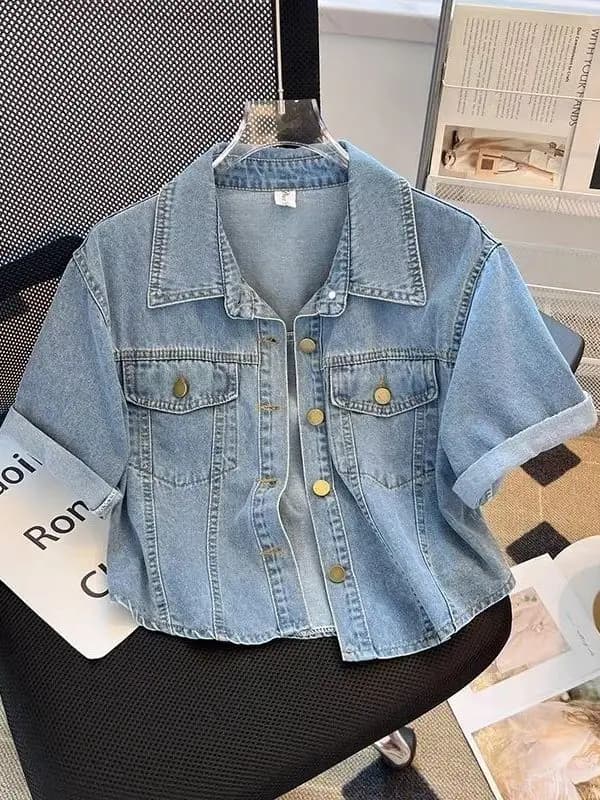 Summer Thin Short Sleeve Denim Shirt Jacket Women's Casual Loose Fit Short Length Top Breathable Skin-Friendly Pure Color