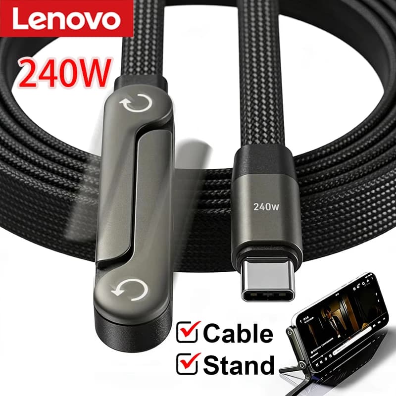 Cavo dati Lenovo 240W da USB C a USB C 2 in 1 con supporto pieghevole per ricarica rapida, supporto da tavolo per iPhone e Samsung