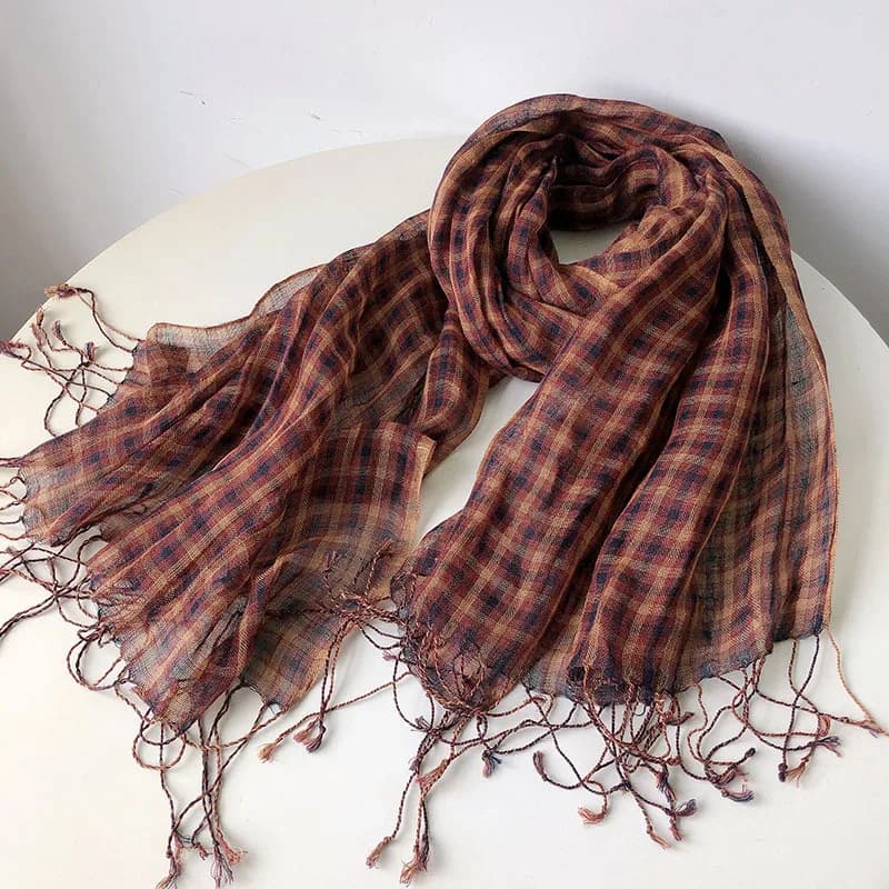 Spring And Summer New Linen Small Plaid Scarf Thin Breathable Women's Scarves Tassel Long Shawl 60x180CM
