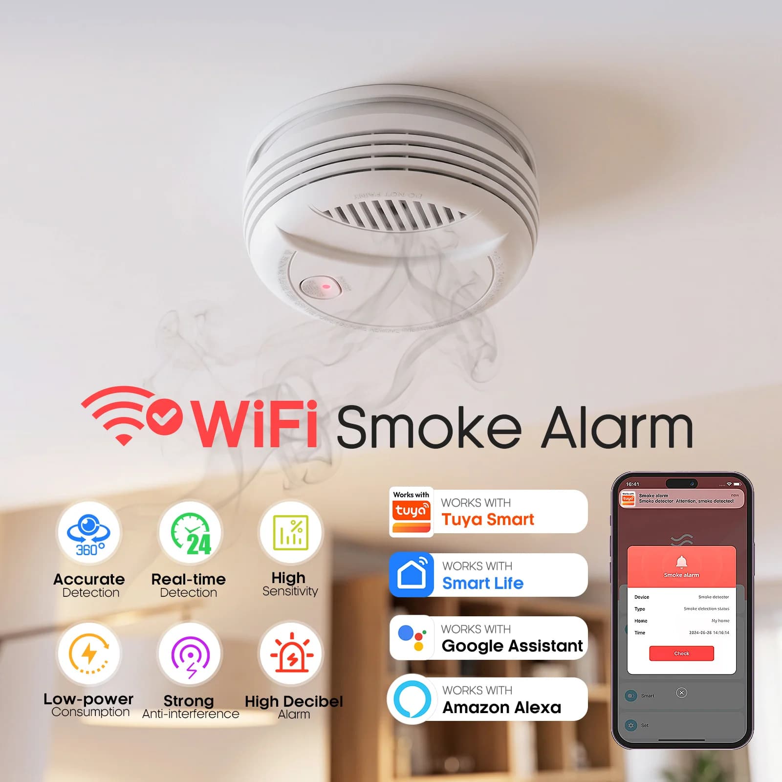 PGST WiFi Smoke Detector 360° Detection Kitchen Fire Detection Smart Life Work With Tuya Google Assistant