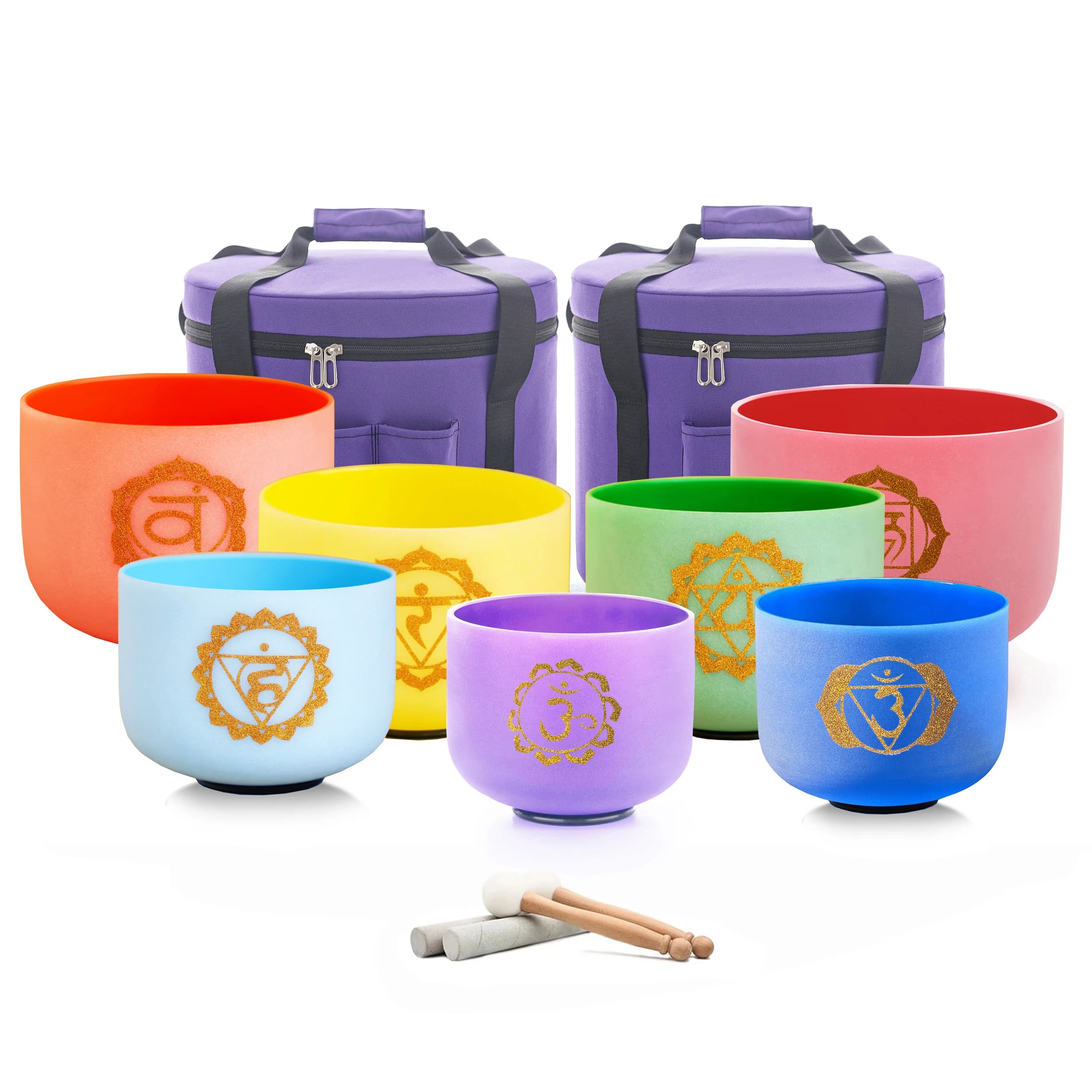 Hye-eun Color Chakra 8-14 inch Perfect Pitch Larg Size Quartz Chakra Crystal Singing Bowl Set of 7pcs with Bag for Meditation