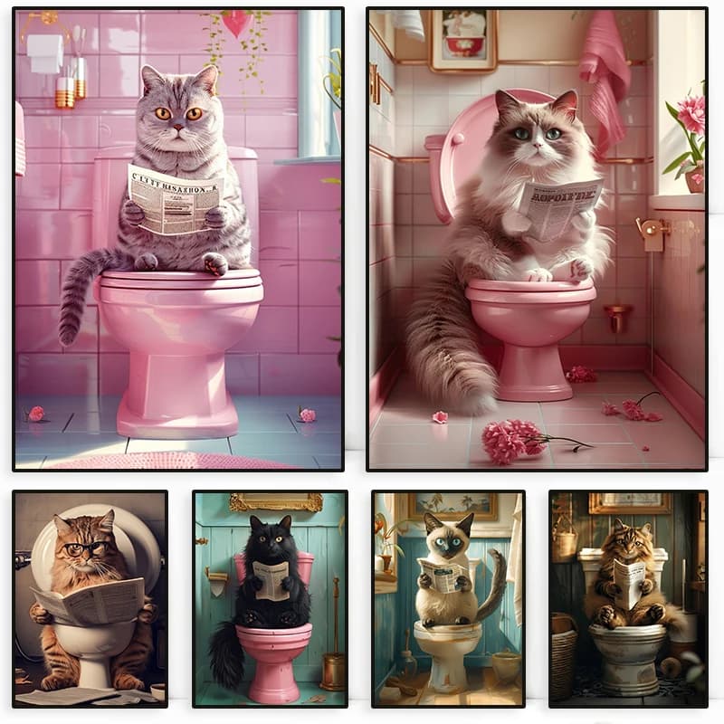 Poster con Gatto Divertente sul WC e che Legge il Giornale, Pittura Diamantata per Bagno, Decorazione Murale per Casa e Lavanderia