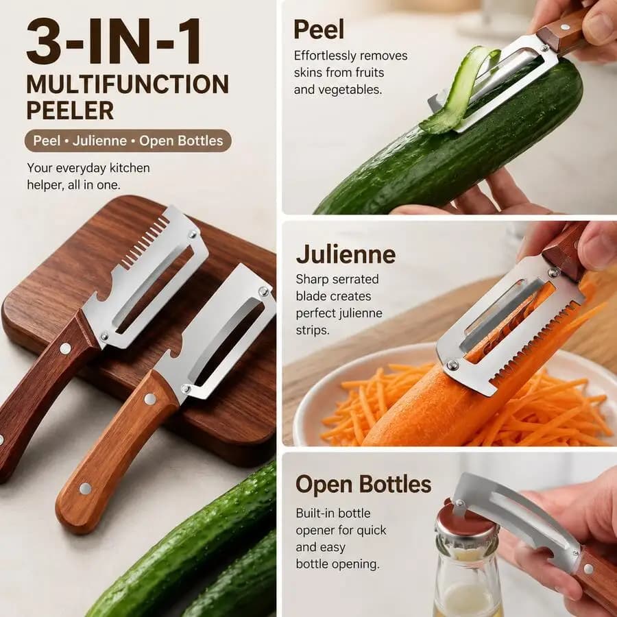 4/3pcs Set - Wooden Handle Multifunctional Peeler, Onion Slicer With Bottle Opener, Onion And Chive Cutter, Sugarcane And Cucumber Peeler, Fruit And Vegetable Peeling Tool, 32pcs Exquisite Holiday Gift