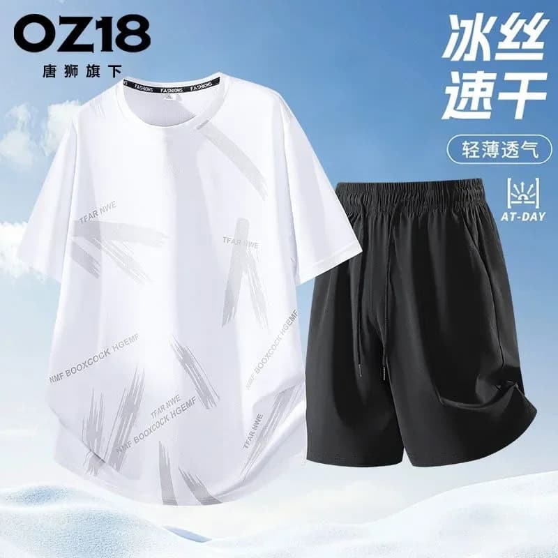 Men Women Ice Silk Quick Dry Printed Short Sleeve T-Shirt Drawstring Shorts Summer Couple Casual Two Piece Set