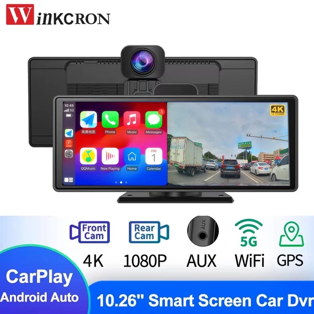 Dash Cam DVR 10.26" IPS con Carplay e Android Auto, Navigazione GPS, Videocamera 4K, Registratore Video 5G WiFi BT 1080P
