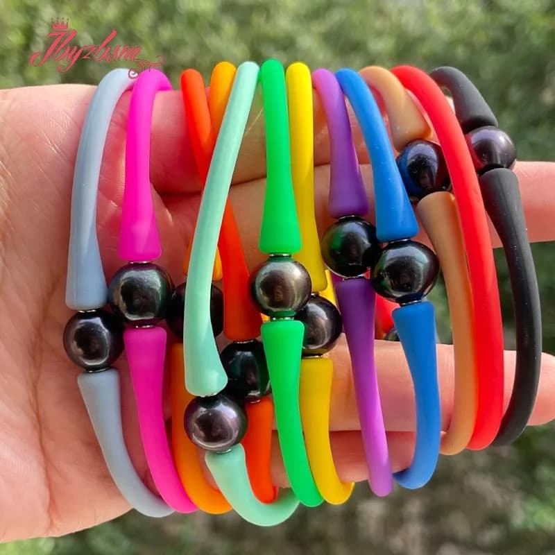 10mm rotondo nero perla d'acqua dolce Sport Casual braccialetto in Silicone impermeabile potente braccialetto Yoga equilibrio braccialetto da polso 1 pz
