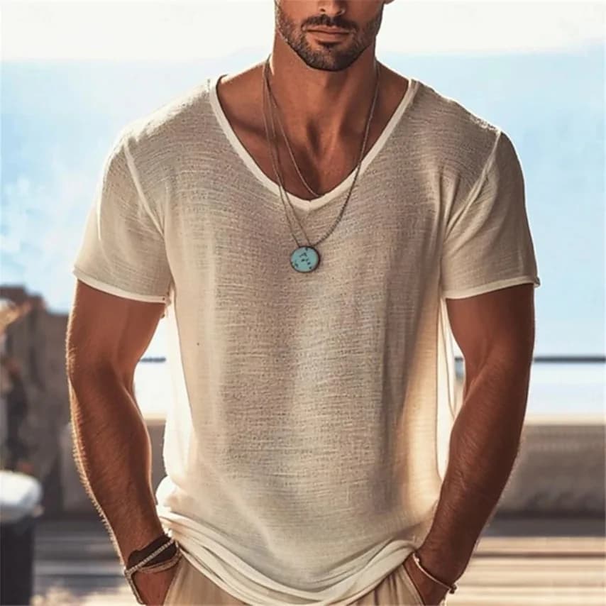 Abbigliamento Uomo, T-shirt a Maniche Corte Tinta Unita, T-shirt Rosa a Maniche Corte, Nuova T-shirt Estiva Oversize con Scollo a V per Uomo
