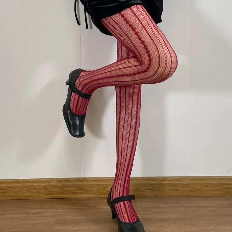 Collant a rete in pizzo sexy da donna stile Lolita scava fuori design calze di seta rossa JK collant a righe a vita alta regali di Natale
