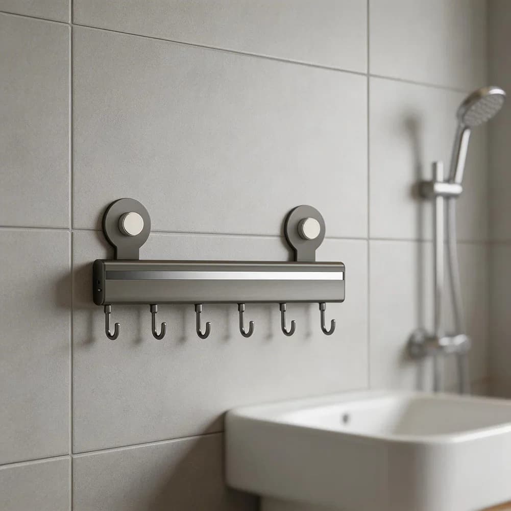 Carbon Steel Wall Mounted Kitchen Rack With Vacuum Suction Cups And Flexible Hook Arrangement For Utensil And Tool Organization