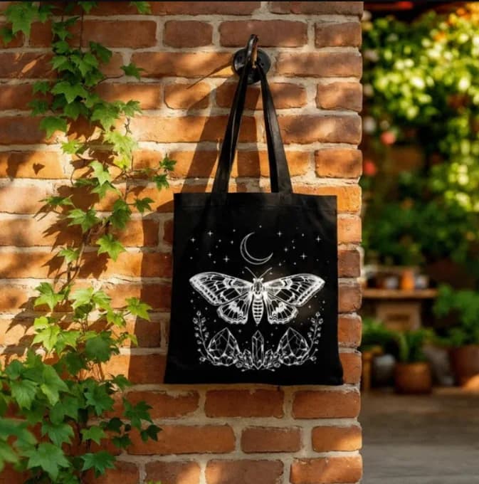 Borsa Tote in Tela Vintage con Motivo Luna e Falene Lunari, Versatile, Gotica, Stile Magico, Astrologica, Riutilizzabile per la Spesa e l'Uso Quotidiano da Donna