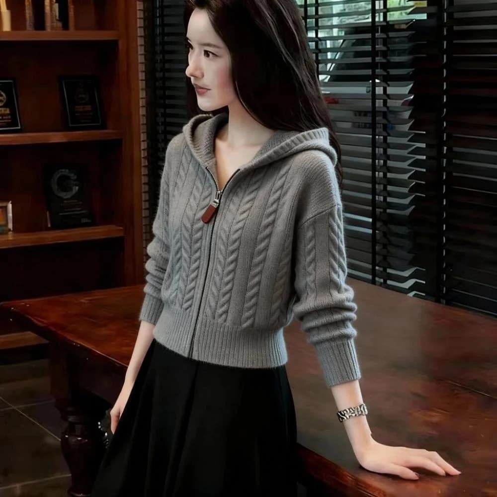 Daling Town Knitted Sweater Guangzhou Shantou Trendy Women's Outerwear Daling New Style Long Sleeve Zipper Hoodie Pure Color