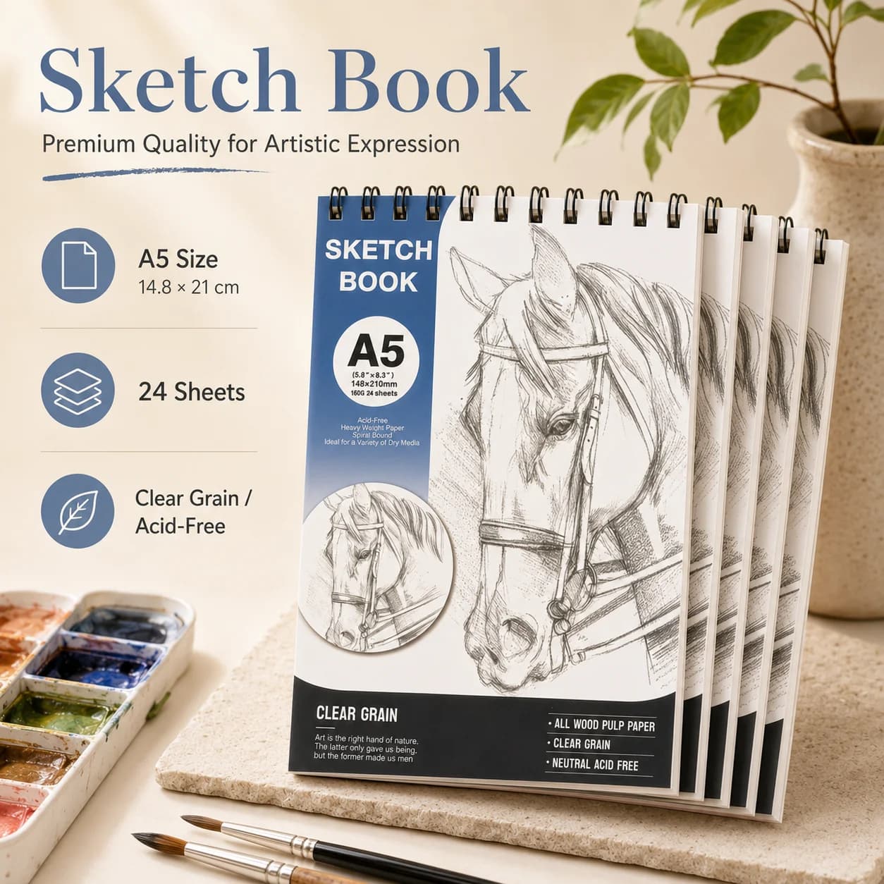 A5 Sketch Book 24 Sheets, 160gsm Acid-Free Clear Grain Wood Pulp Paper, Spiral Bound Sketch Pad for Drawing & Sketching, Back to School Art Supplies for Students & Artists