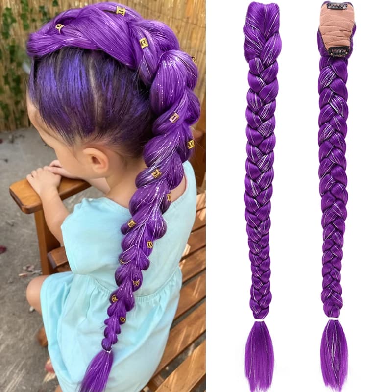 Estensioni della coda di cavallo per capelli intrecciati viola per bambini Trecce viola lucide con capelli in orpelli per bambini Festa Cosplay Usa parrucca viola