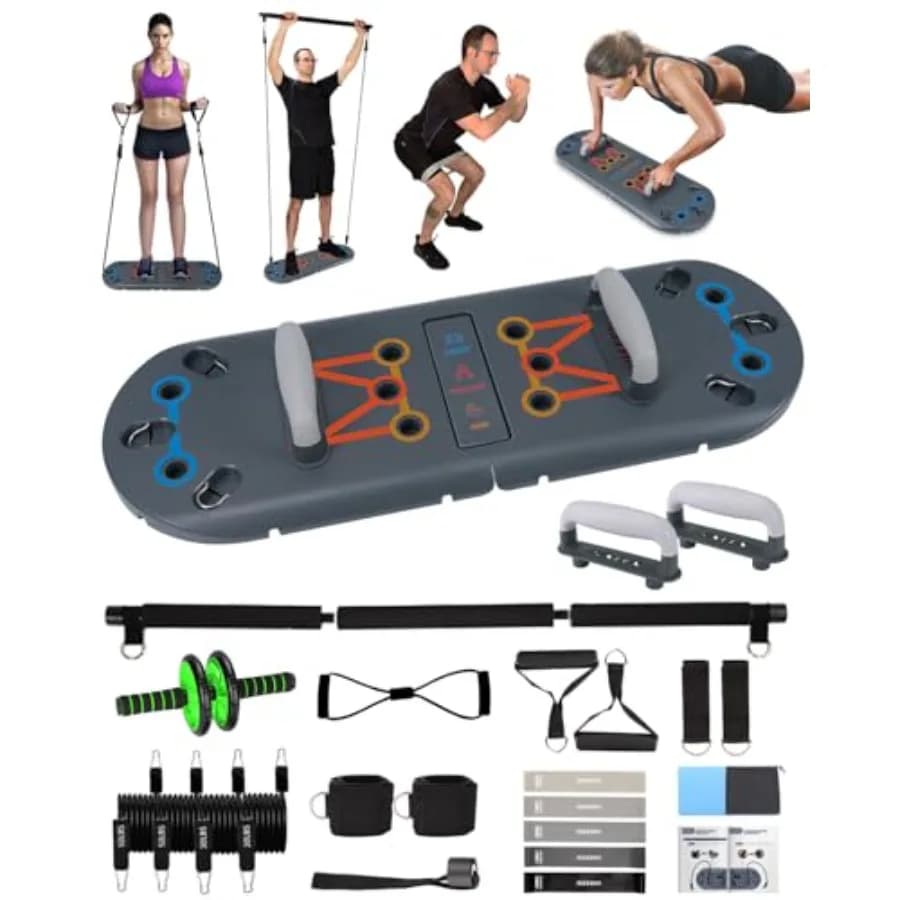 27-in-1 Portable Equipment for Domestic Training with Compact Folding Table, Resistance Bands, Abdominal Wheel and Pilates Bar
