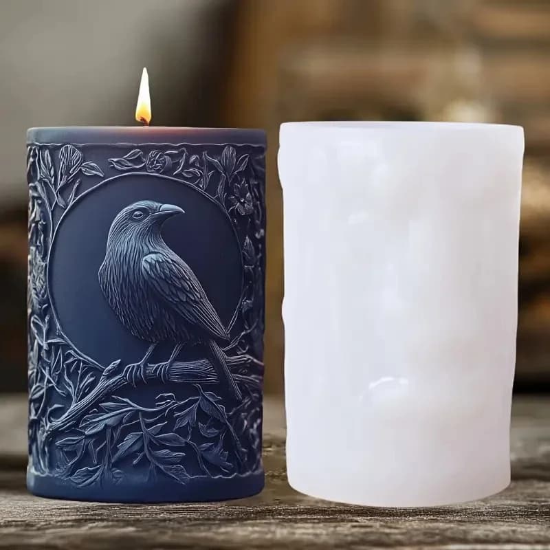 Stampo in silicone per candele a forma di corvo sacro - Design intricato con corvo e ramo d'albero per candele a pilastro uniche, artigianato in resina e gesso