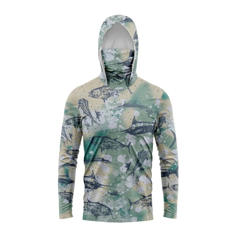 Protective suit with hood and face mask, long sleeves, in fast drying frozen silk, for sea fishing.