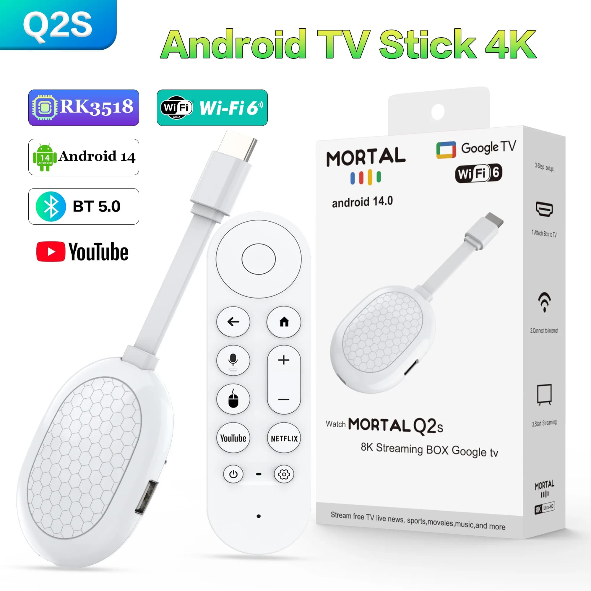 New Smart TV Stick Q2S Android 14 Support Ultra HD BT5.0 Dual 2.4/5G Streaming Media Player Decode Video BT 5.0 TV BOX