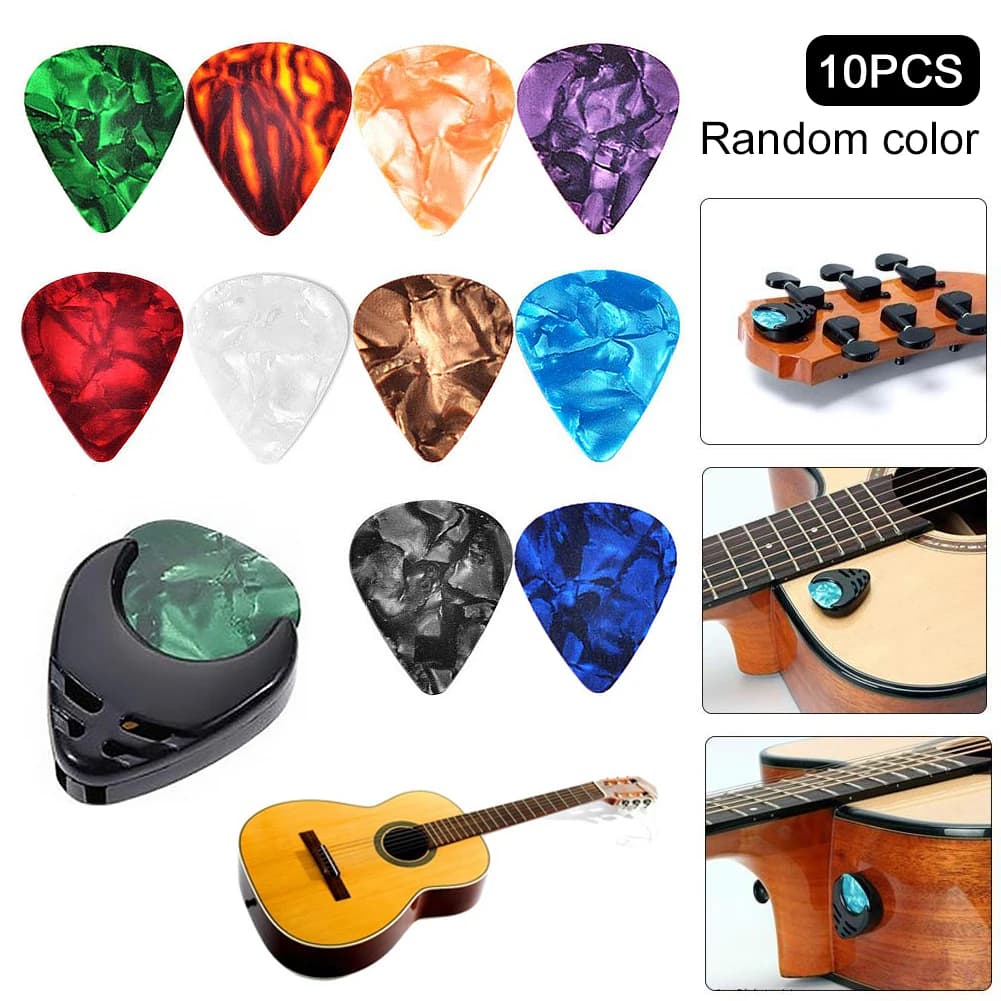Set di 10 Plettri Colorati per Chitarra Acustica e Basso con Porta Plettri, Accessori Multifunzione in Celluloide