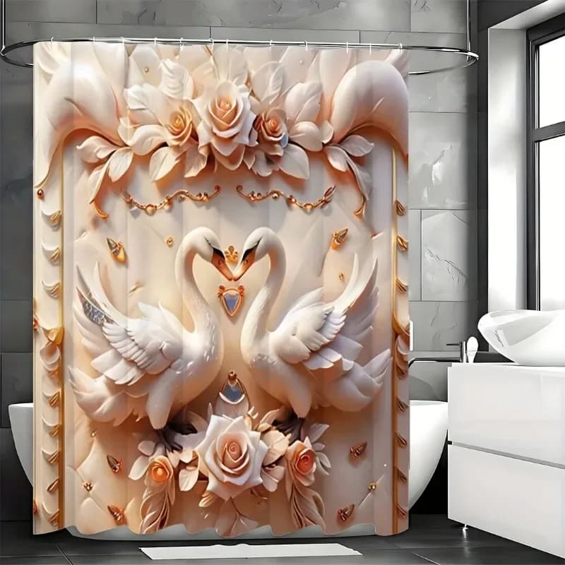 Elegante tenda da doccia Swans in Love con lussuoso design floreale per un'arredamento romantico del bagno. Il tessuto impermeabile include ganci