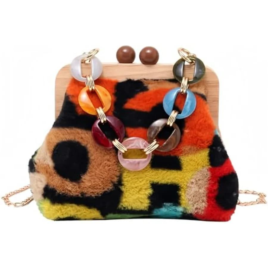 Ladies Shoulder Bag Chain Tote Bag Wooden Clip Cross-body Bag Color Corduroy Cross-body Bag Wallet, y2k Totebag