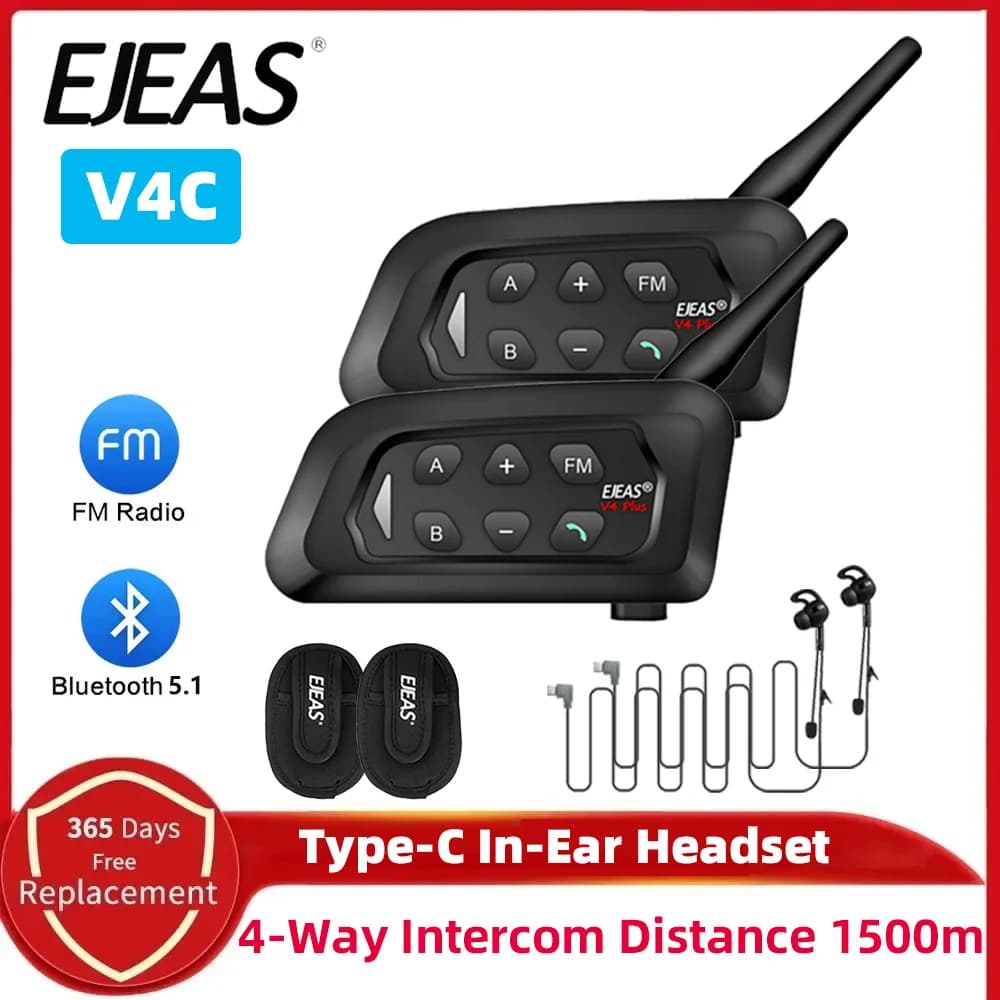 EJEAS V4C Plus In-Ear Football Referee Intercom Headset Bluetooth 1500M Full Duplex Headphone Soccer Conference Interphone