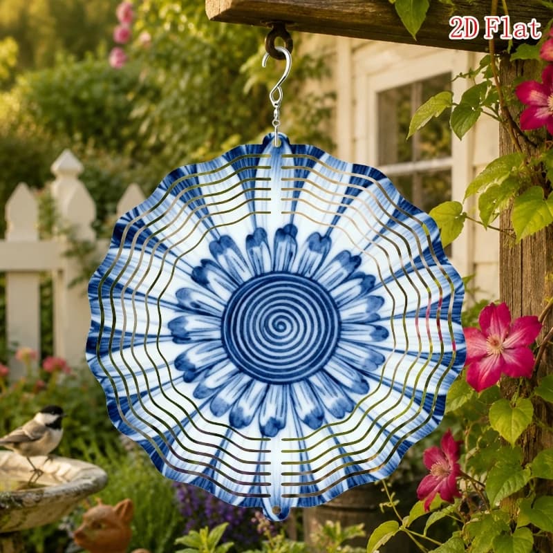 2D Flat Blue and White Chrysanthemum Pattern Metal Rotating Wind Chime with Rotating Hook, Outdoor Garden and Patio Decoration