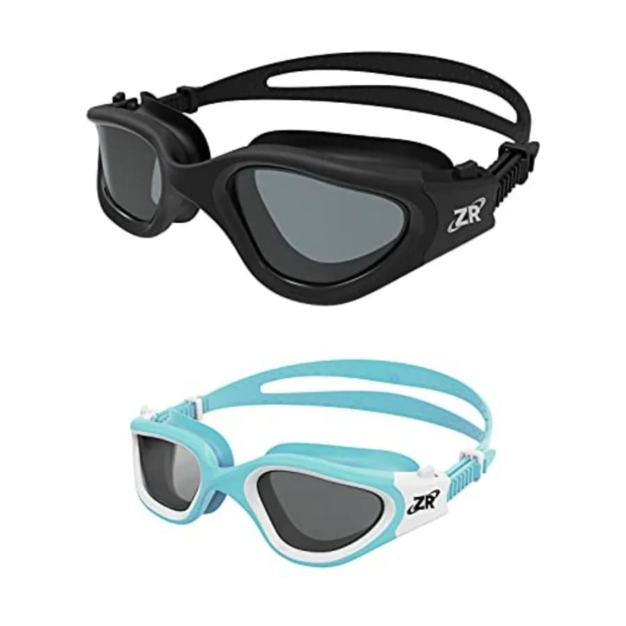 Swim goggles for kids and adults, polarized polycarbonate lenses, black frame with blue tint, UV protection and anti-fog coatin