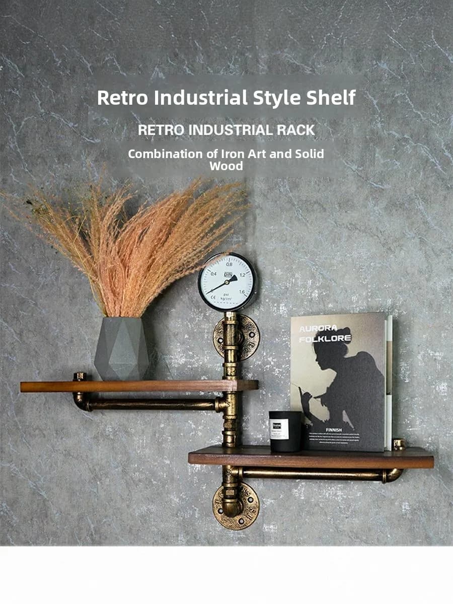Mensola da Parete Industriale in Ferro Battuto e Legno Vero, Stile Vintage con Finitura Invecchiata, Scaffale a Barra Singola