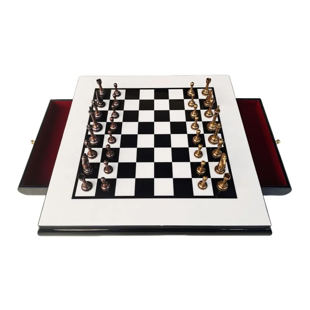 Premium Solid Wood Chess Set, Piano Finish Board with Storage Drawer, Metal Chessmen