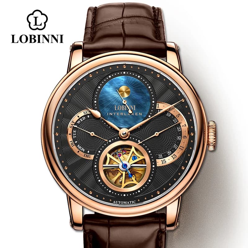 LOBINNI men's watch automatic mechanical watches in gold fashion wrist strap sports chronograph sapphire crystal watches