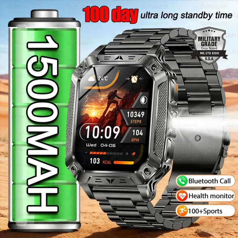 Smartwatch Man's Robust with 2.01''' HD Screen, 100+ Sports Mode, BT Calls, Cardiaca Frequency Monitoring, SOS Alarm, 10ATM Waterproof, 1500mAh Battery