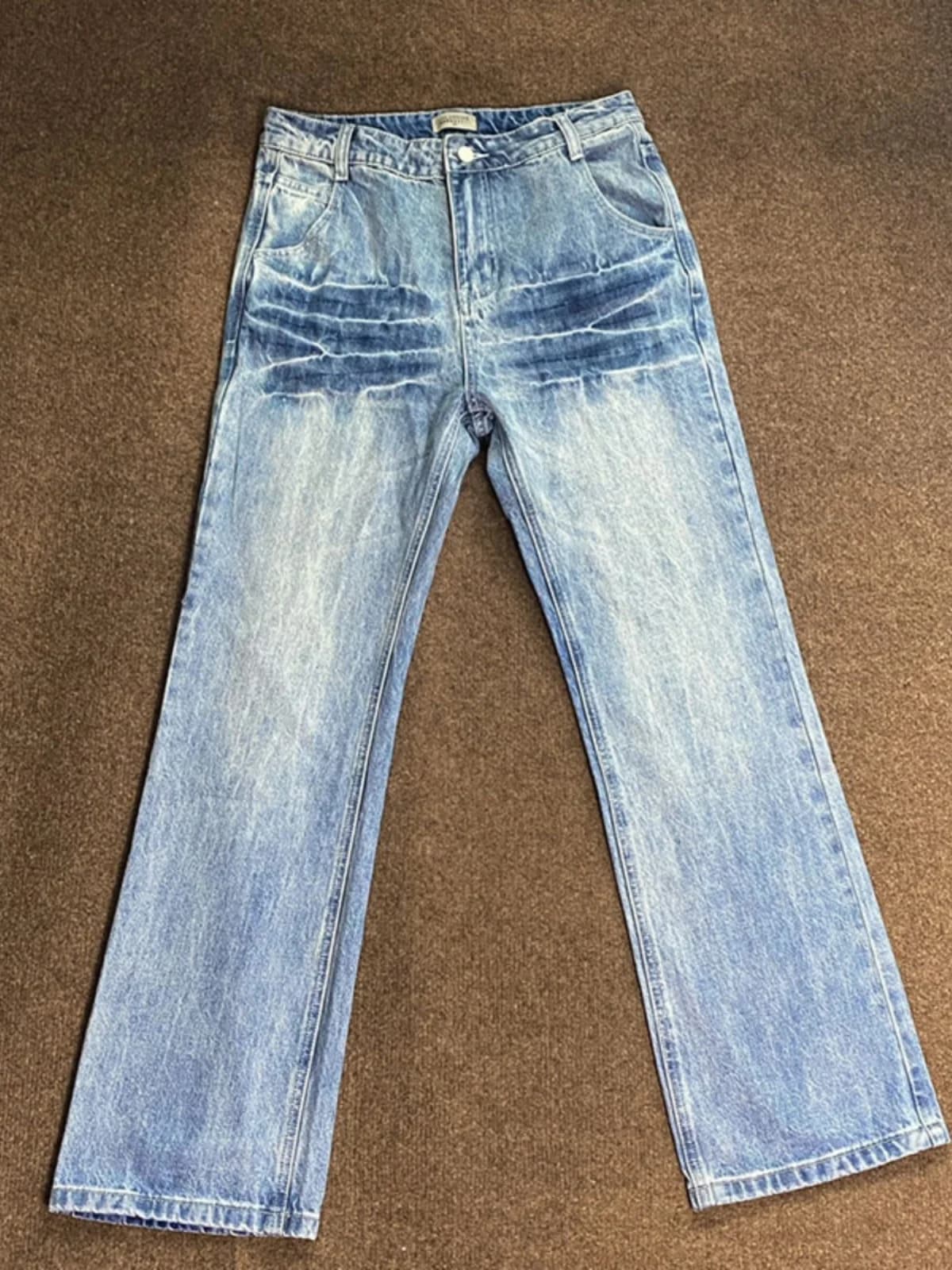 Lightning Pattern Men's Straight Leg Jeans Washed Gradient American High Street Style Pants CleanFit Flared Legs Casual Denim