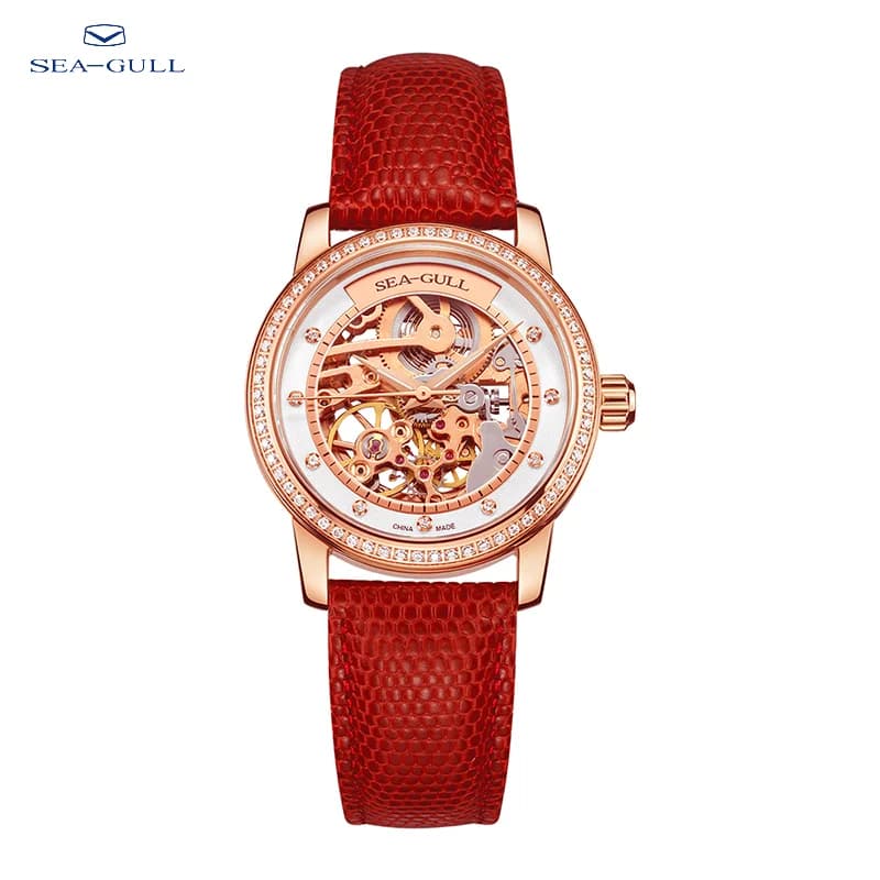 Women's Watch Seagull Fashion Red Luxury zircone Skeleton Automatic mechanical wristwatch Montre Femme muslimah
