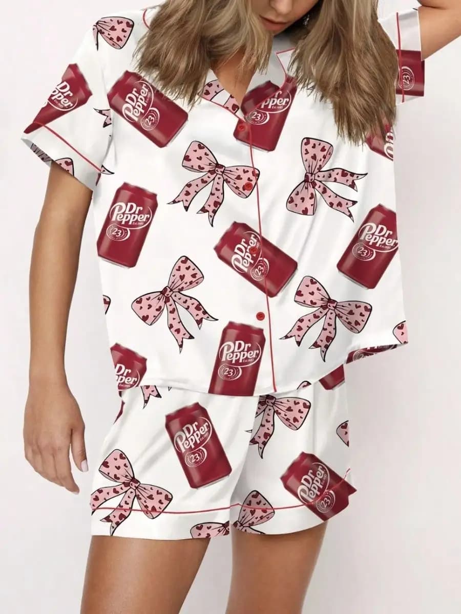 Dr Pepper Print Satin Pajama Set for Women with Pink Heart Bows