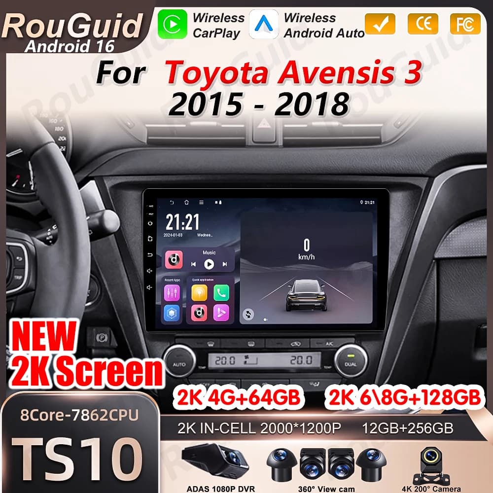 Autoradio Android 16 per Toyota Avensis 3 2015 2016 2017 2018, lettore multimediale video con schermo touch 2k, Wi-Fi 5G, Bluetooth, RSD