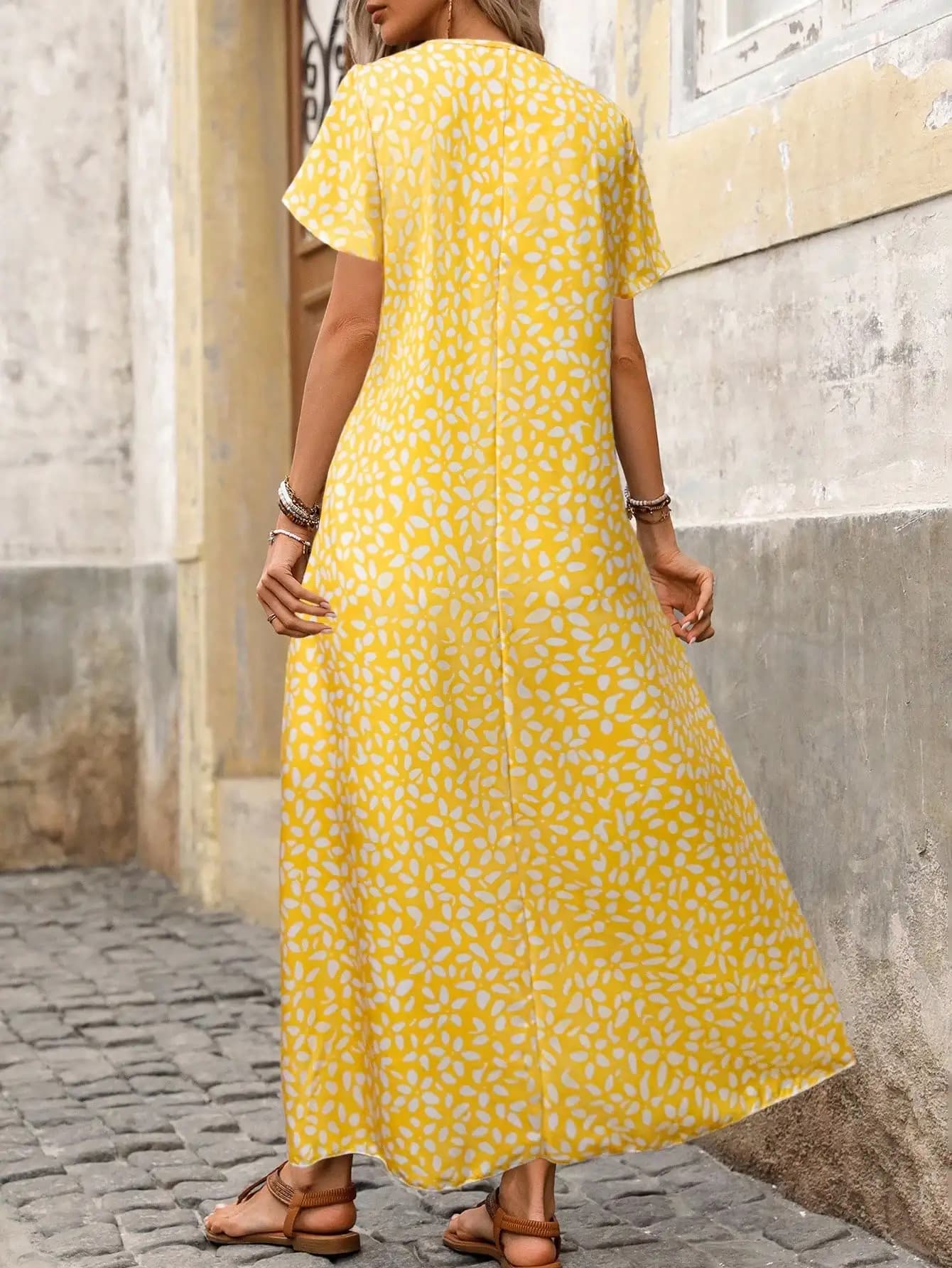 Women's Yellow Floral Print Maxi Dress With Batwing Sleeve Summer Casual Bohemian