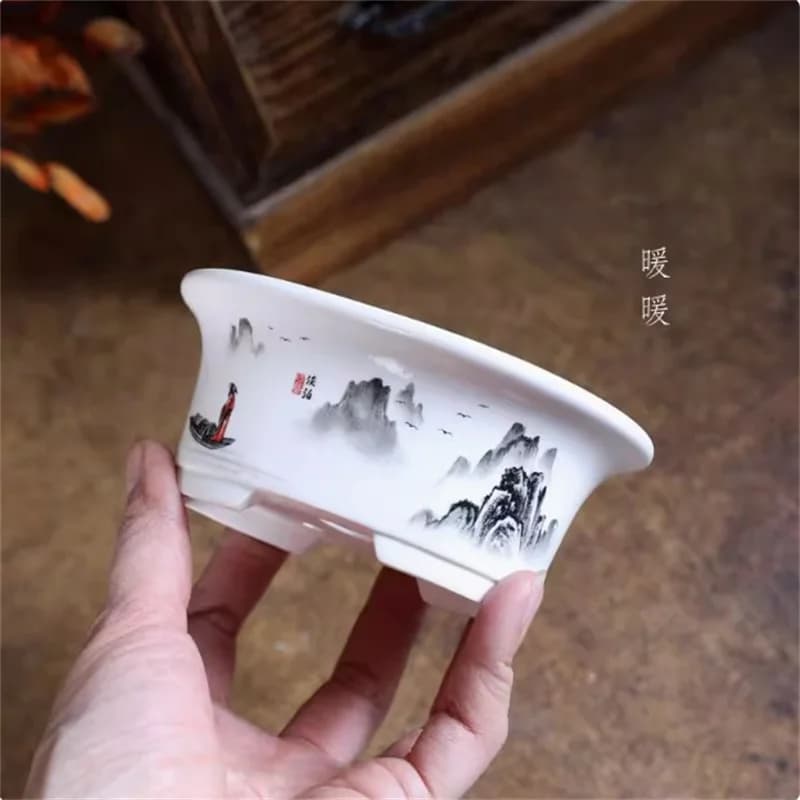 Porcelain White Oval Bonsai Pot,Mini Pot,Round,Small Flower Vase,Dormitory Planting, Desk Table, Garden Decoration