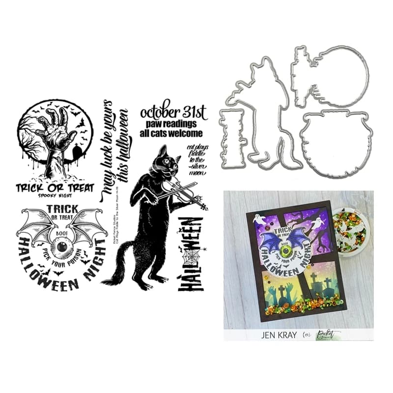 Fustelle Timbro trasparente Halloween Scrapbooking per la creazione di cartoline Gatto gioca Fiddle to the Silver Moon Cornice per goffratura
