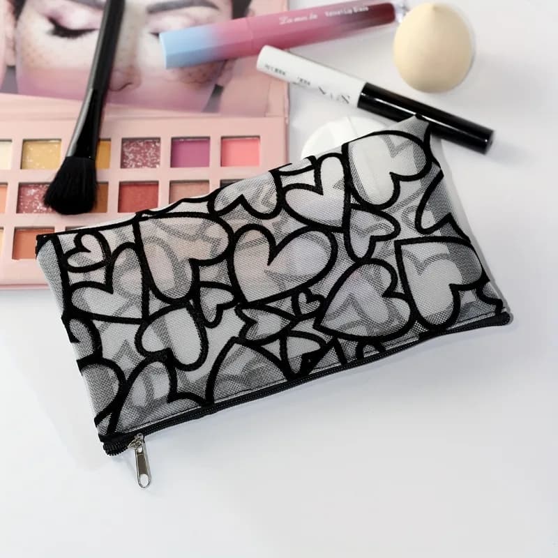 Borsa per il trucco con motivo a rete trasparente e cuore con custodia nera con cerniera, borsa per riporre pennelli, rossetti e ombretti da viaggio