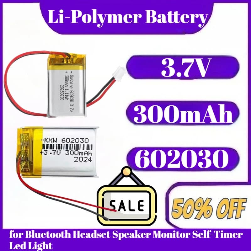 Batteria al litio polimerica 3.7V 602030 Batteria ricaricabile da 300 mAh per auricolare Bluetooth Altoparlante Monitor Autoscatto Luce a LED
