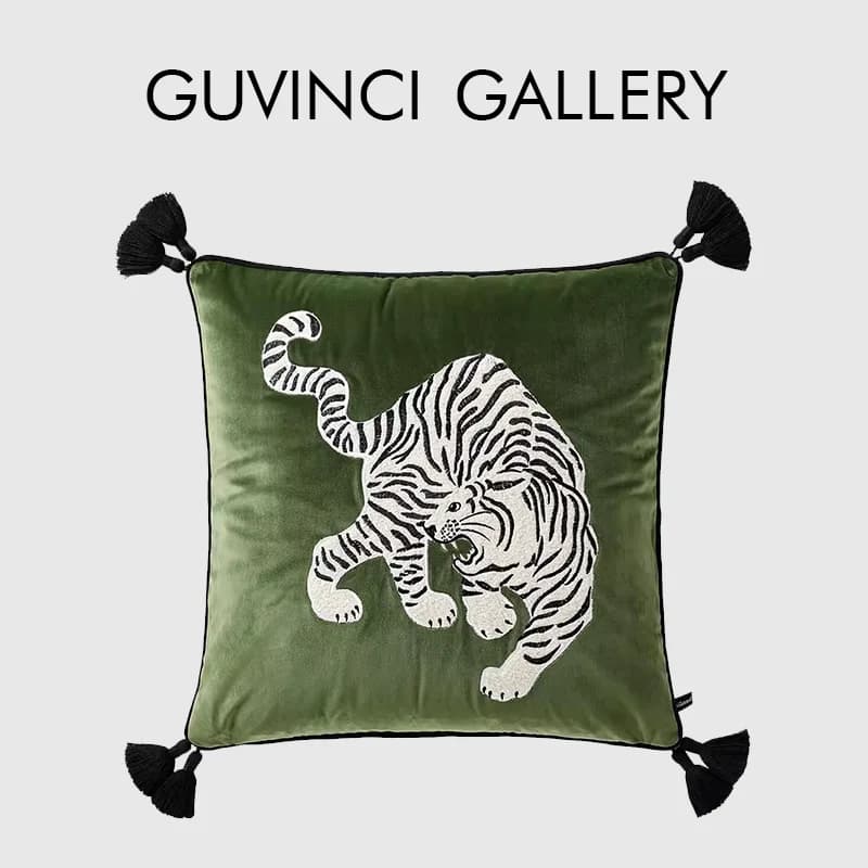 GUVINCI Metropolitan Modern Design Cuhion Cover Walking Tiger Exquisite Embroidered Pillow Case For Couch Sofa Loveseat Armchair