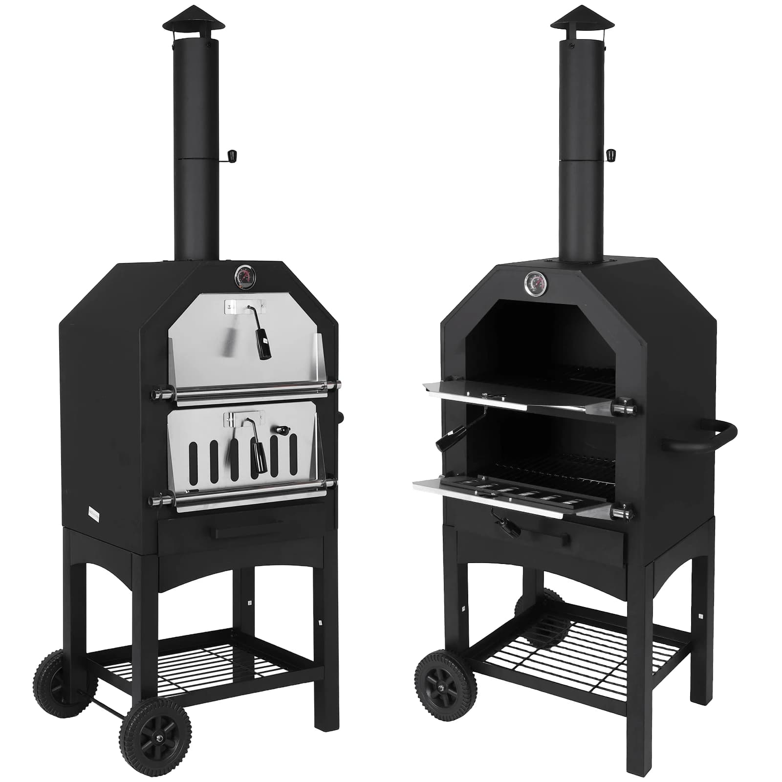 Fumatore per barbecue a carbone a 2 livelli Pala per pizza in pietra per pizza Grande griglia da cucina per patio Forno per pizza all'aperto per campeggio in cortile