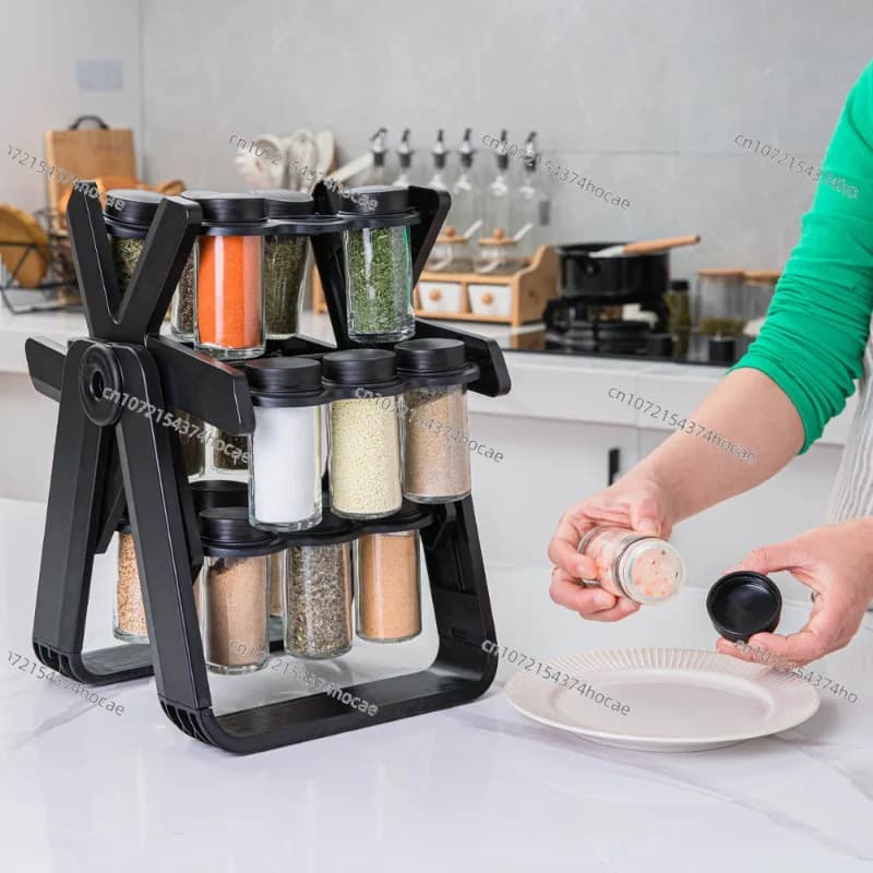 Rotating Ferris Wheel Glass Seasoning Rack Set Spice Jar Seasoning Bottle Holder Household Kitchen Storage Organizer
