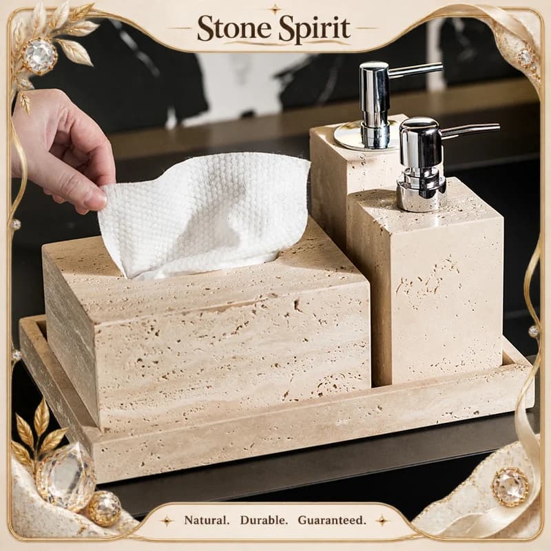 【Natural】Beige Travertine Bathroom Set Natural Marble Soap Dispenser Reed Diffuser Tissue Box Tray Bathroom Accessories